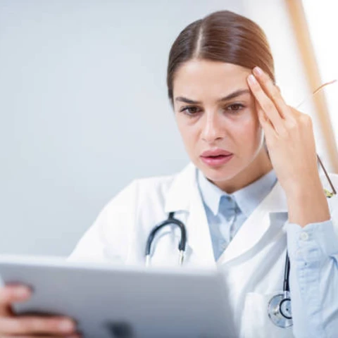 Frau vor Tablet mit Herausforderung